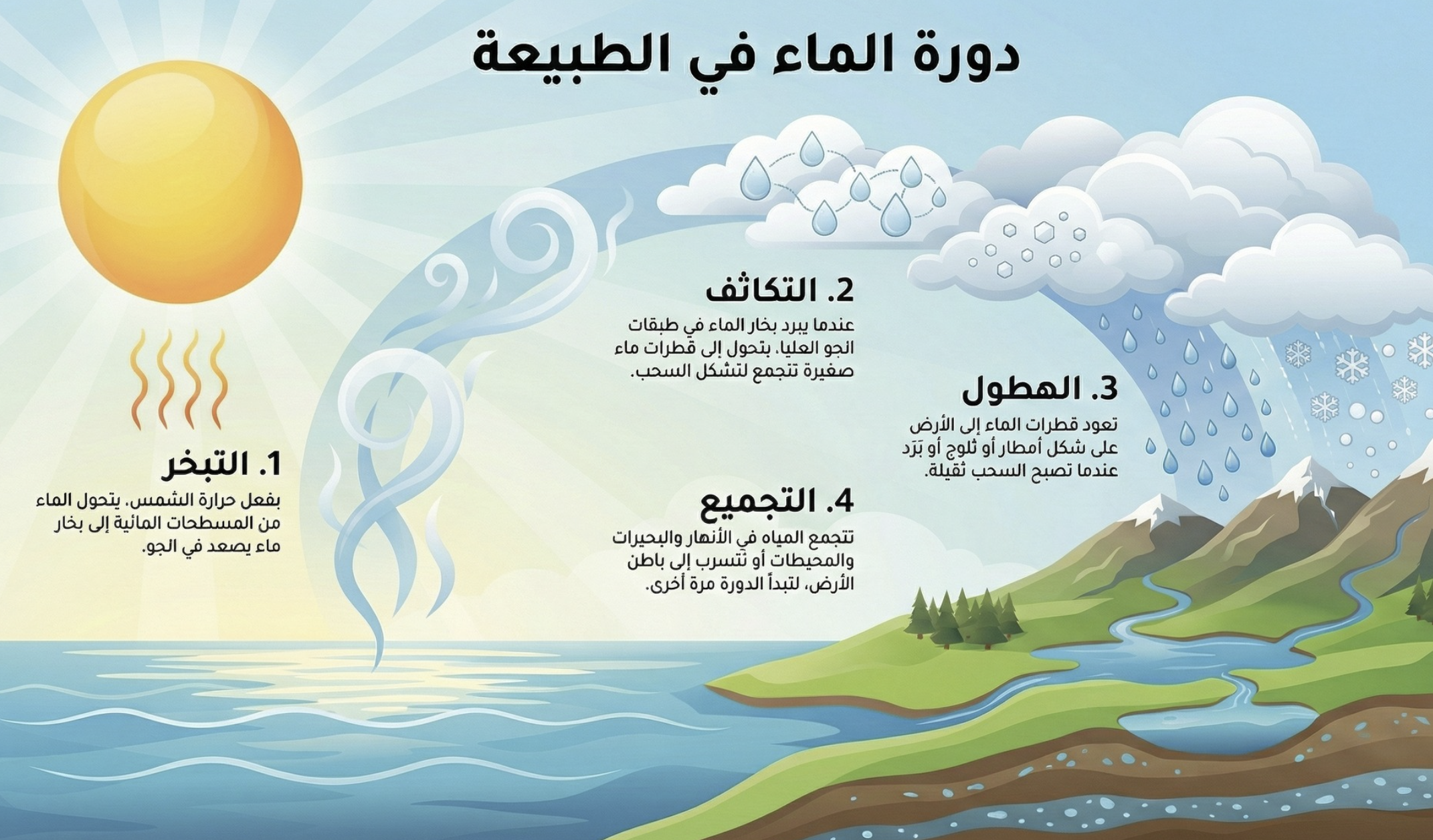 من التبخر إلى التساقطات.. كيف تُجدّد الطبيعة مواردها المائية في أربع مراحل متكاملة؟